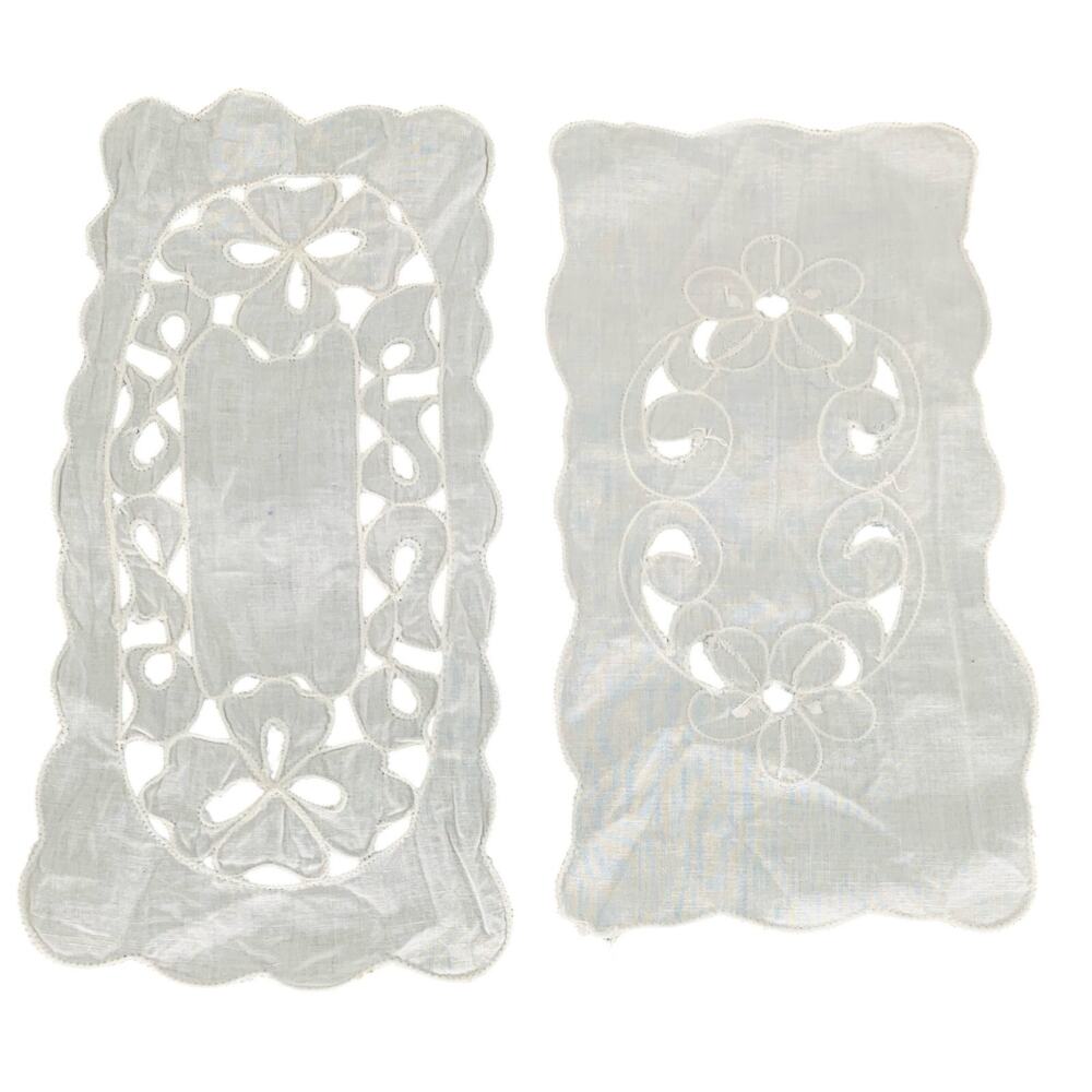 Linen Doily Set of 2 White Floral Flowers Rectangle Small 11"x5" Cutwork Lace